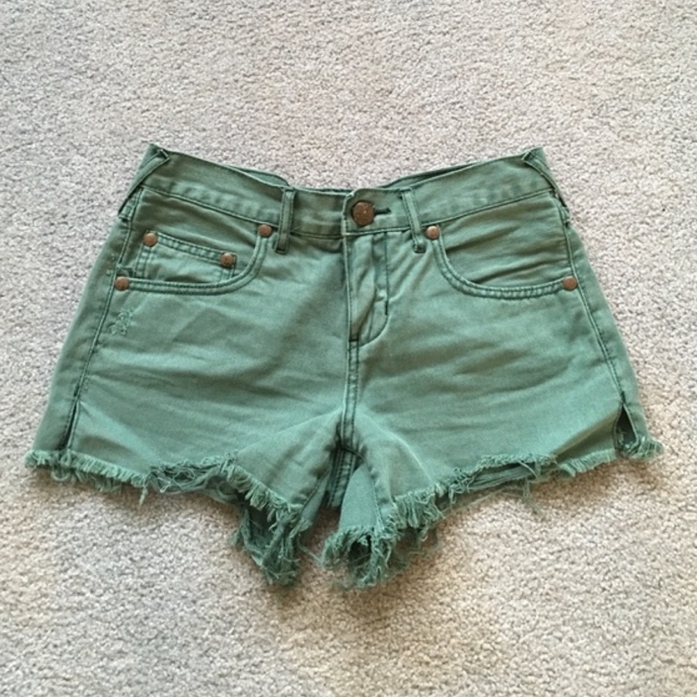 Free People Green/Teal Sharkbite Denim Shorts